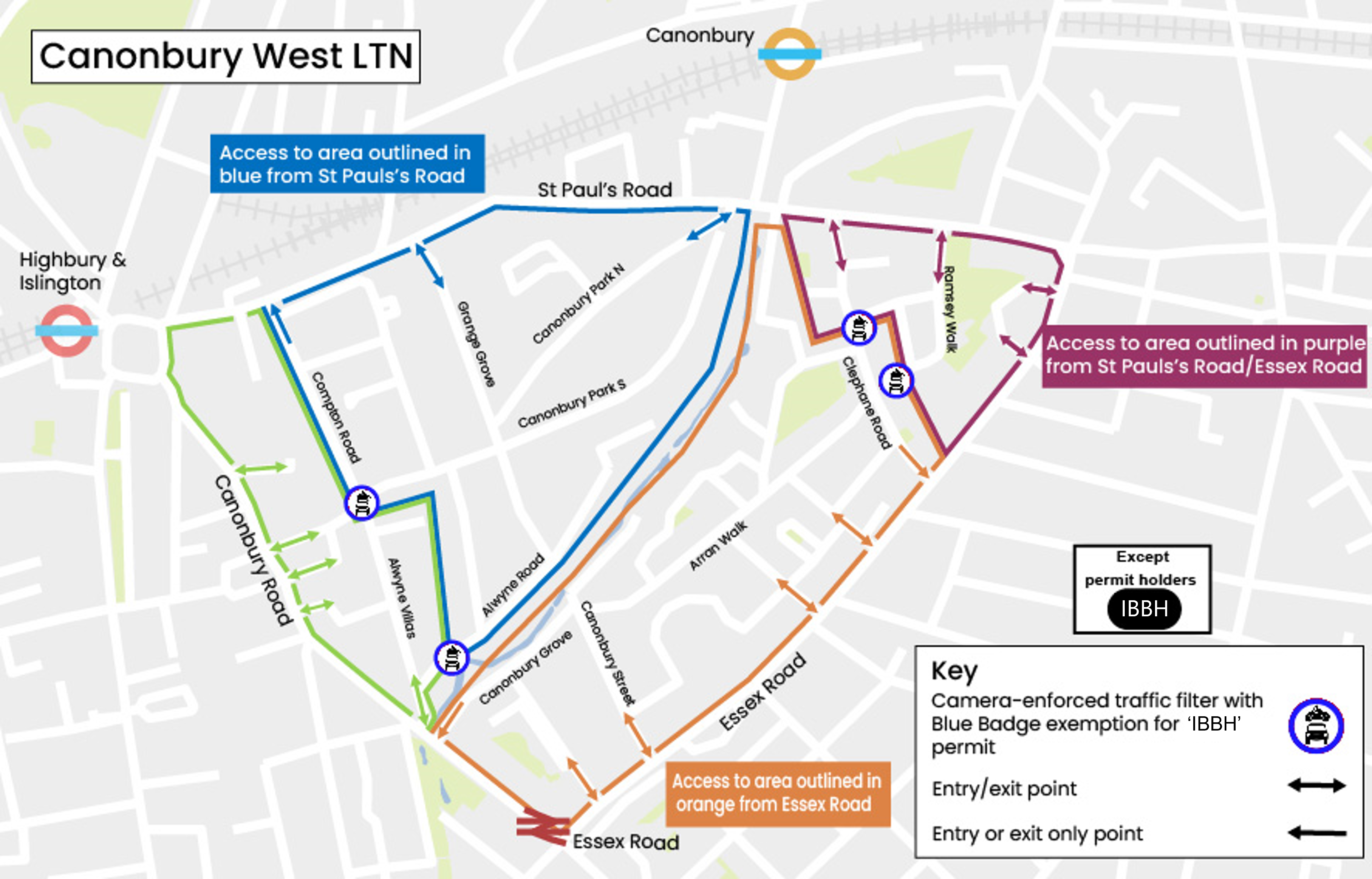A map using coloured lines and symbols that show the traffic filters for the people-friendly streets in Canonbury West.