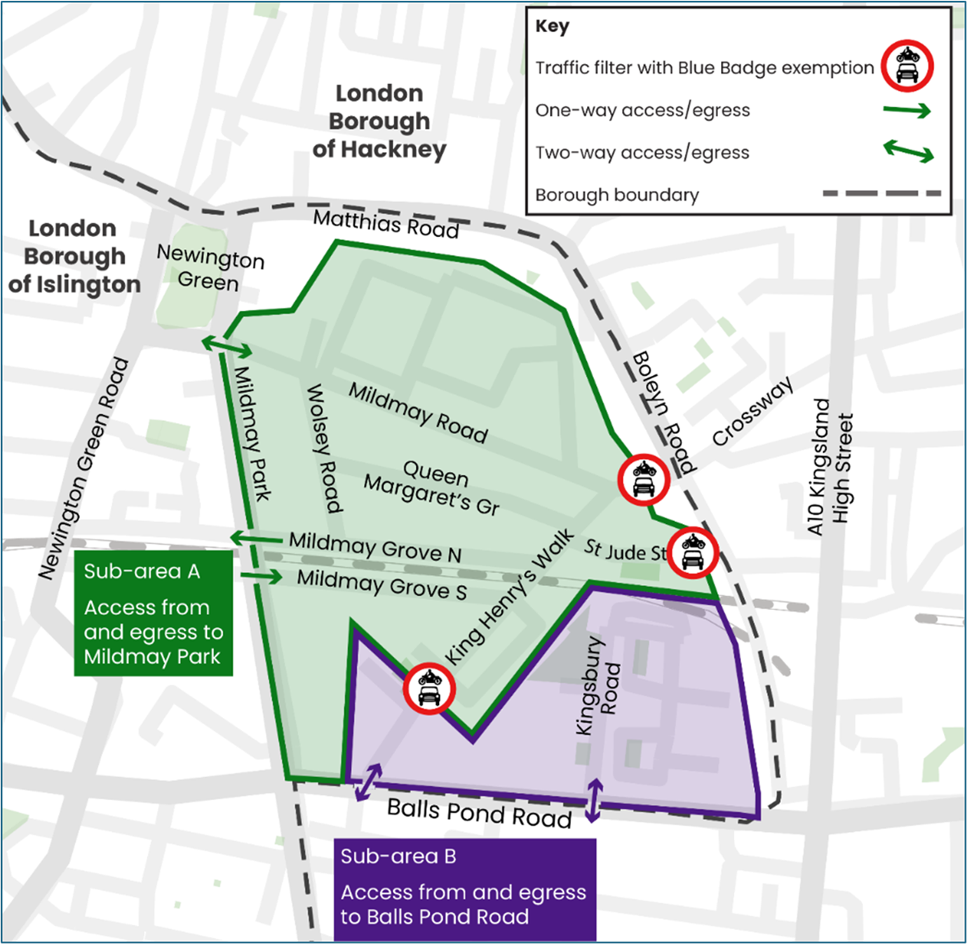 Mildmay Liveable Neighbourhood map showing traffic filters and access routes