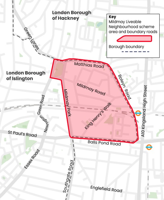 Proposed area map for Mildmay Liveable Neighbourhood Feb 2023