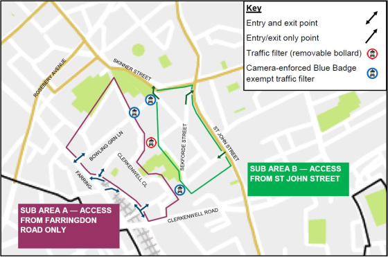 Map of Clerkenwell low traffic neighbourhood from February 2023