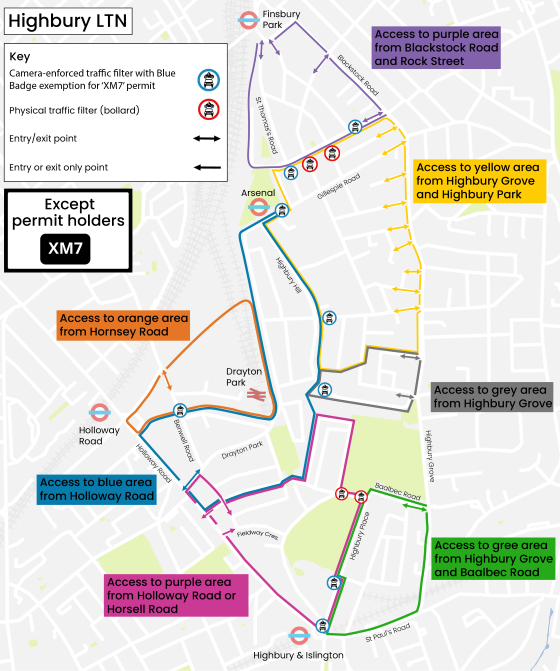 Map showing the Highbury low-traffic neghbourhood area and traffic filters