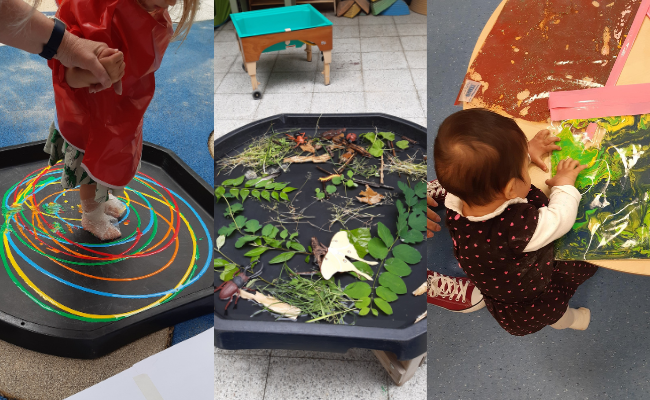 Collage of children taking part in activities including painting 